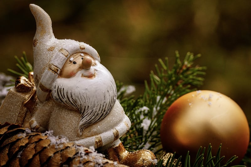 Garden gnome in a lush green garden